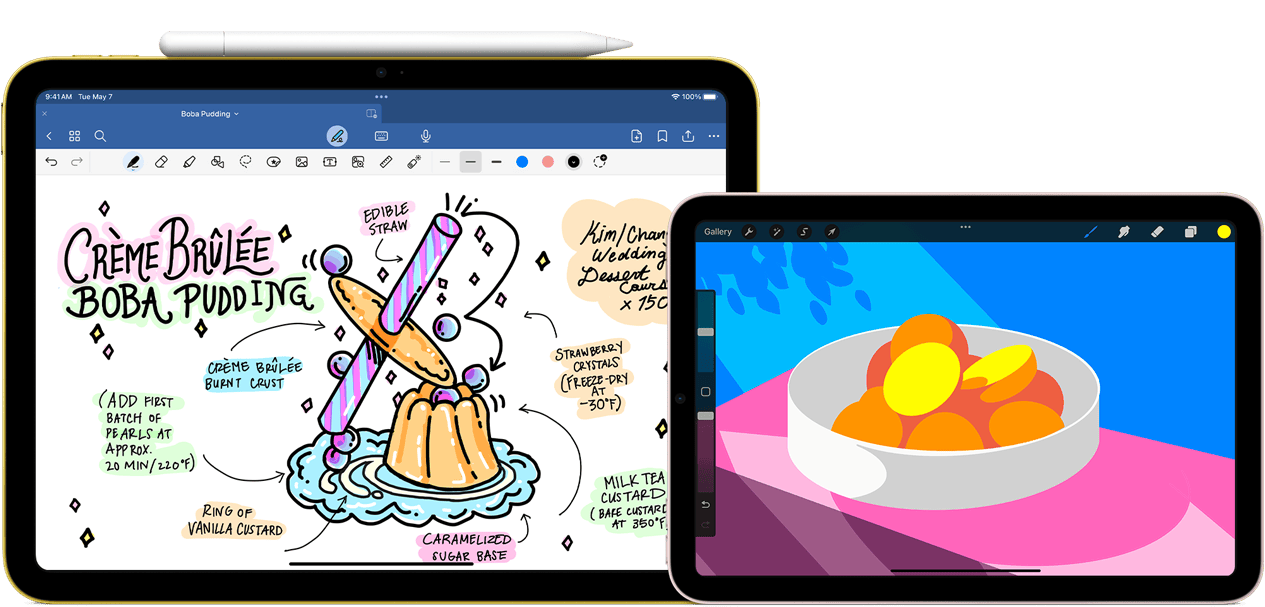On left, iPad, landscape orientation, displaying a graphic with notes and a drawing with Apple Pencil USB-C attached at top. On right, iPad mini, landscape orientation showing a colorful illustration made with ProCreate.