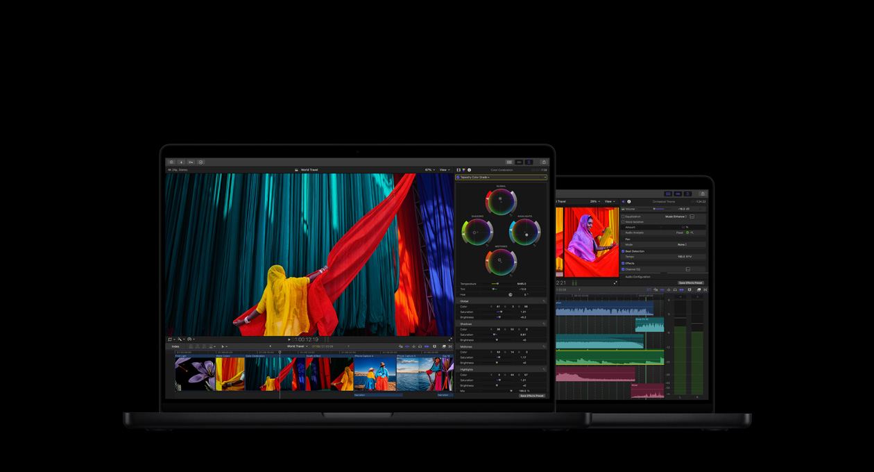 MacBook Pro 16 showing color grading tools, woman in yellow sari with red fabric on a blue background, MacBook Pro 14 showing edit screen showing audio waveforms and EQ tool