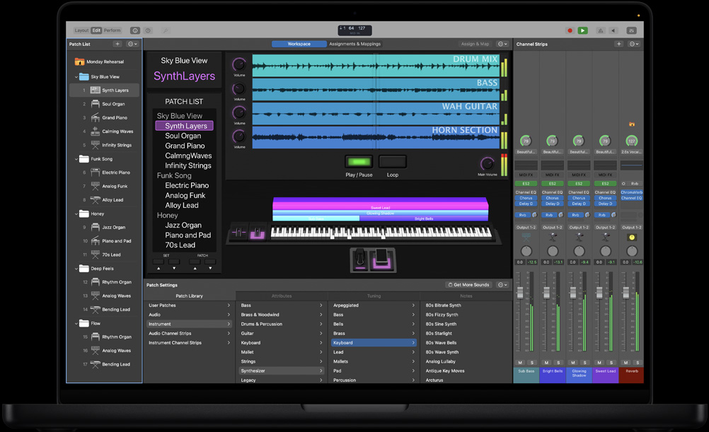 MacBook Pro 16 screen showing MainStage workspace, a left panel with various files, at the bottom Patch Settings with Patch Library of sounds, to the right Channel Strips and controls