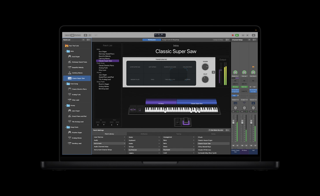 MacBook Pro 16 screen showing MainStage workspace showing the Transform Pad, a left panel with various files, at the bottom Patch Settings with Patch Library of sounds, to the right Channel Strips and controls